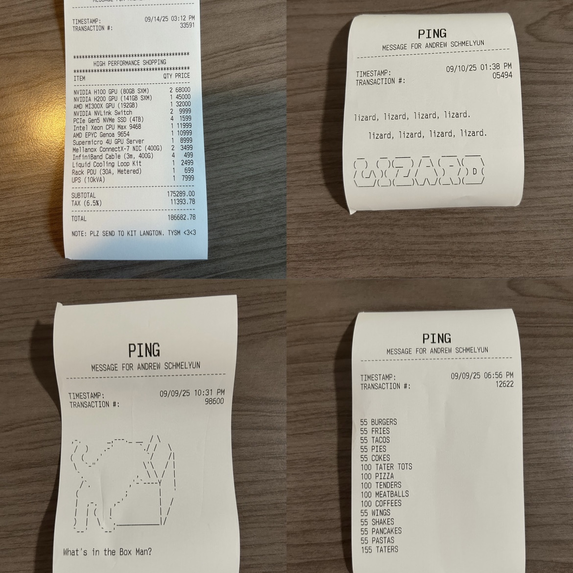 a grid of 4 different receipts with ascii art, fake items, and memes